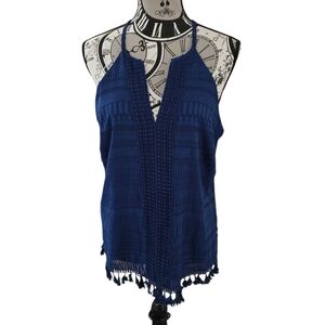 7th Avenue New York & Company Medium Blue Halter Top Tassel Trim V Neck NWT